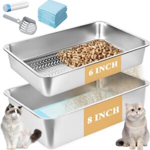 23.6''x15.7''x8'' Stainless Steel Sifting Litter Box, XXL Large Metal Sifting Cat Litter Box for Pine Pellets, Litter Pan Tray System for Indoor Cats with Scoop and Pee Pad, Easy to Clean(8 Inch)