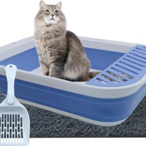 MUYG Collapsible Small Cat Litter Box,Open Top Cats Litter Pan with Scoop Foldable Shallow Kitten Potty Toilet Waterproof Cat Travel Litterbox Anti-Splashing Low Entry Semi-Enclosed Easy Clean(Blue)